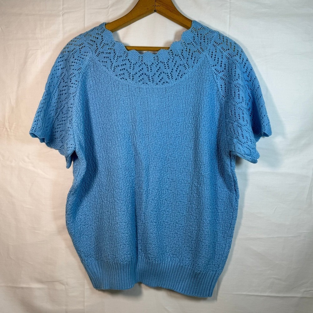 Vicki Wayne Vintage Knit Top Crochet Neck Short Sleeve Blue Sweater‎ Size XL